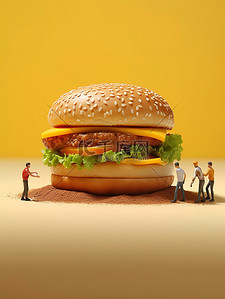 吃人汉堡插画图片_巨大的芝士汉堡工作的微距小人17