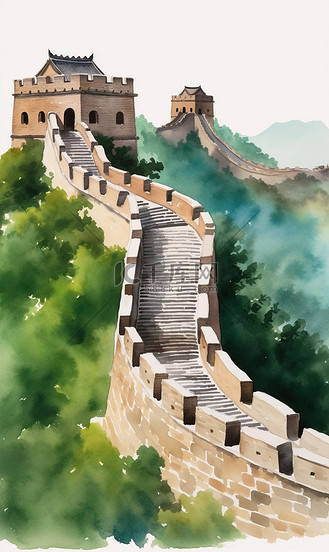 国风水彩画中国长城