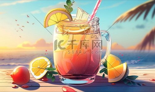 海边冰爽水果饮品卡通插画夏天夏季饮料
