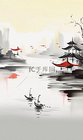 中国风极简水墨徽派风格建筑插画