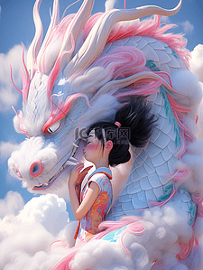 粉色云层中的龙和小女孩卡通插画9