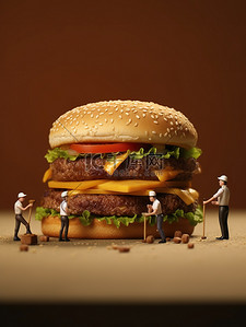 芝士火腿可颂插画图片_巨大的芝士汉堡工作的微距小人6