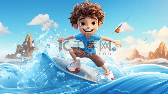 男孩背景插画图片_海上冲浪的卡通男孩背景4
