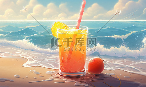 水果饮品插画图片_海边冰爽水果饮品卡通插画夏天夏季饮料