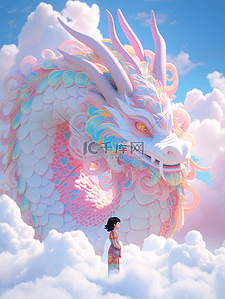 粉色云层中的龙和小女孩卡通插画23