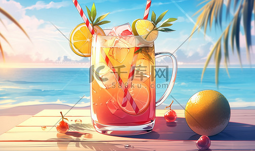 水果饮品插画图片_冰爽水果饮品夏季海边卡通插画夏天夏季饮料