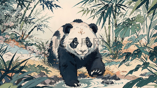 水墨风竹叶插画图片_水墨风竹林里的大熊猫动物国宝