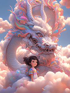 粉色云层中的龙和小女孩卡通插画1