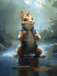 松鼠坐在水坑里的卡通插图8