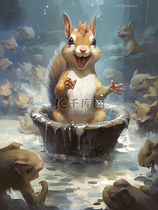 松鼠坐在水坑里的卡通插图10