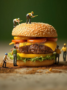 芝士火腿可颂插画图片_巨大的芝士汉堡工作的微距小人13