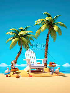 3D海滩插画图片_海滩度假沙滩椅海洋海滩椰子树16