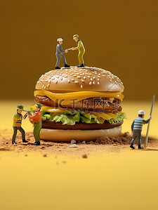 芝士年糕条插画图片_巨大的芝士汉堡工作的微距小人12