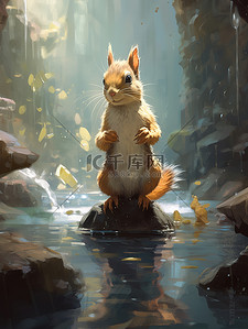 松鼠卡通插画图片_松鼠坐在水坑里的卡通插图5