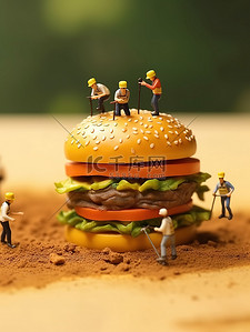 芝士火腿可颂插画图片_巨大的芝士汉堡工作的微距小人10