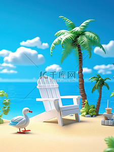 3D海滩插画图片_海滩度假沙滩椅海洋海滩椰子树5