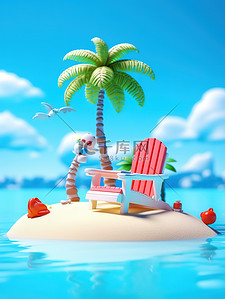 3D海滩插画图片_海滩度假沙滩椅海洋海滩椰子树3