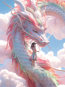 粉色云层中的龙和小女孩卡通插画15