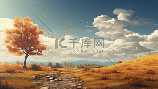 唯美秋季风景插画图片_金黄色大树唯美秋季风景背景13