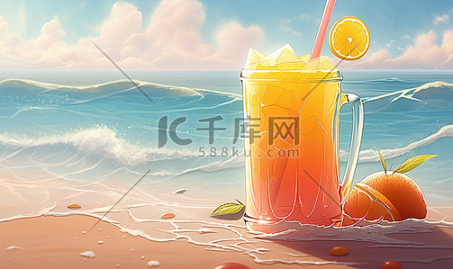 夏季海边冰爽水果饮品解暑卡通插画夏天夏季饮料