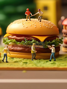 芝士奶酪片插画图片_巨大的芝士汉堡工作的微距小人9