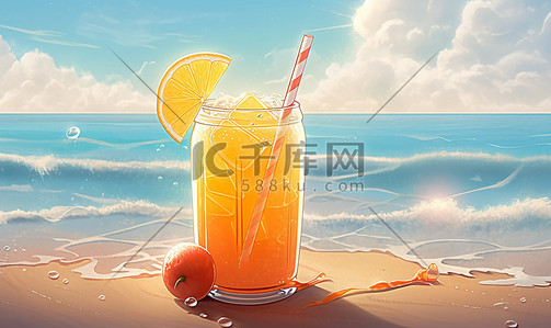 夏季海边冰爽水果饮品卡通插画夏天夏季饮料
