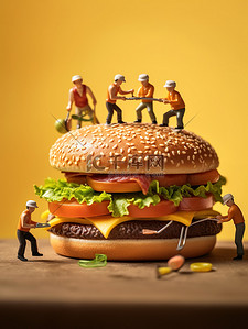 吃人汉堡插画图片_巨大的芝士汉堡工作的微距小人11