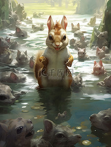 松鼠坐在水坑里的卡通插图16