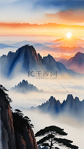 日出江花红胜火插画图片_风景插画黄山日出风景