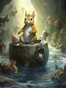 松鼠坐在水坑里的卡通插图20