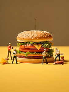 芝士火腿可颂插画图片_巨大的芝士汉堡工作的微距小人16