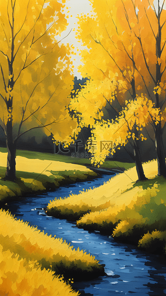 水粉画秋天橙色银杏树风景