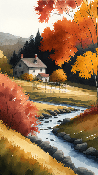 水彩水粉画秋天橙红色银杏树风景