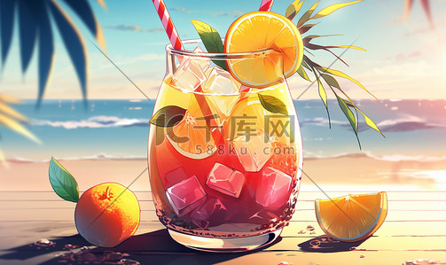 水果饮品插画图片_夏季海边冰爽水果饮品卡通背景夏天夏季饮料