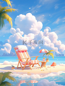 海洋海滩插画图片_海滩度假沙滩椅海洋海滩椰子树18
