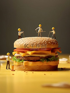 芝士火腿可颂插画图片_巨大的芝士汉堡工作的微距小人4