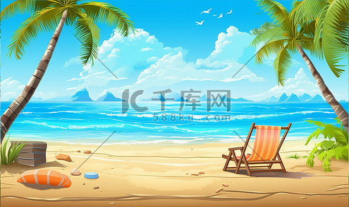 海边旅行卡通插画图片_夏季出游海边旅行休闲卡通插画大海沙滩夏天