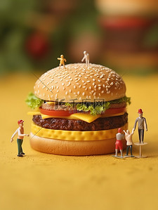 吃人汉堡插画图片_巨大的芝士汉堡工作的微距小人7
