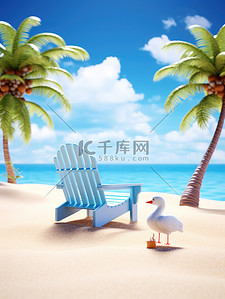 3D海滩插画图片_海滩度假沙滩椅海洋海滩椰子树9
