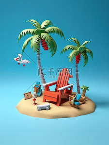 3D海滩插画图片_海滩度假沙滩椅海洋海滩椰子树12