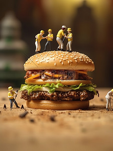 吃人汉堡插画图片_巨大的芝士汉堡工作的微距小人19