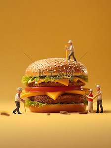 吃人汉堡插画图片_巨大的芝士汉堡工作的微距小人20