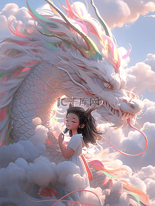 粉色卡通云朵插画图片_粉色云层中的龙和小女孩卡通插画16