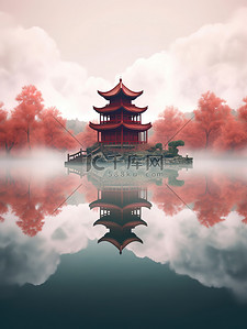 朦胧的湖水一座红色中国凉亭18