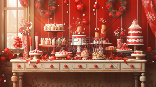 陶瓷工艺插画图片_圣诞节蛋糕甜品红白色装饰6