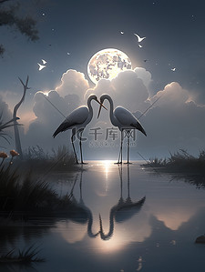 2月2海报插画图片_观看月亮升起的白鹭2