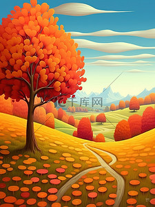 红色氛围插画图片_秋天的枫叶秋天氛围场景6