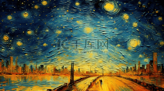 天空粒子插画图片_手绘油画梵高风格城市的星空