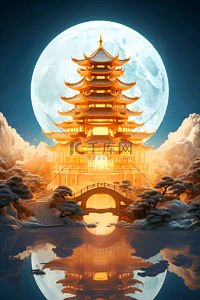 3d背景插画图片_3D中秋满月中国风建筑插画产品展示背景