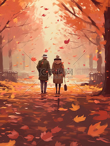 一对老年夫妇手牵着手在秋叶中漫步4